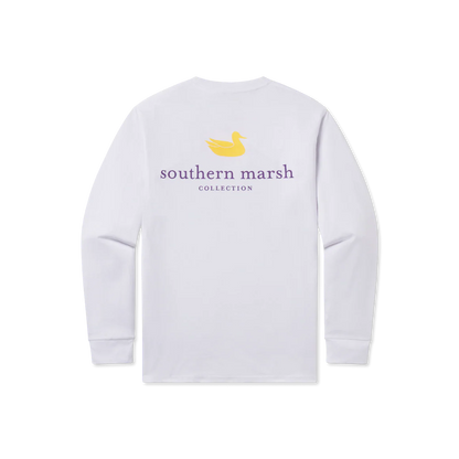 White long sleeve shirt with yellow duck and 'Southern Marsh Collection' text on back