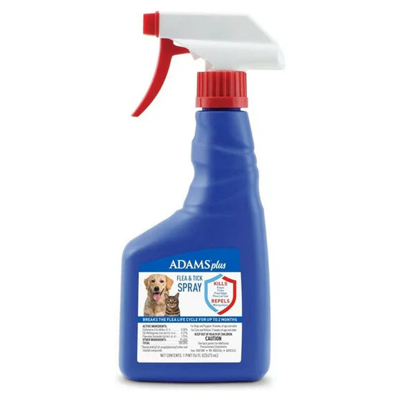 Blue bottle Adams Plus flea and tick spray for pets with white and red spray nozzle