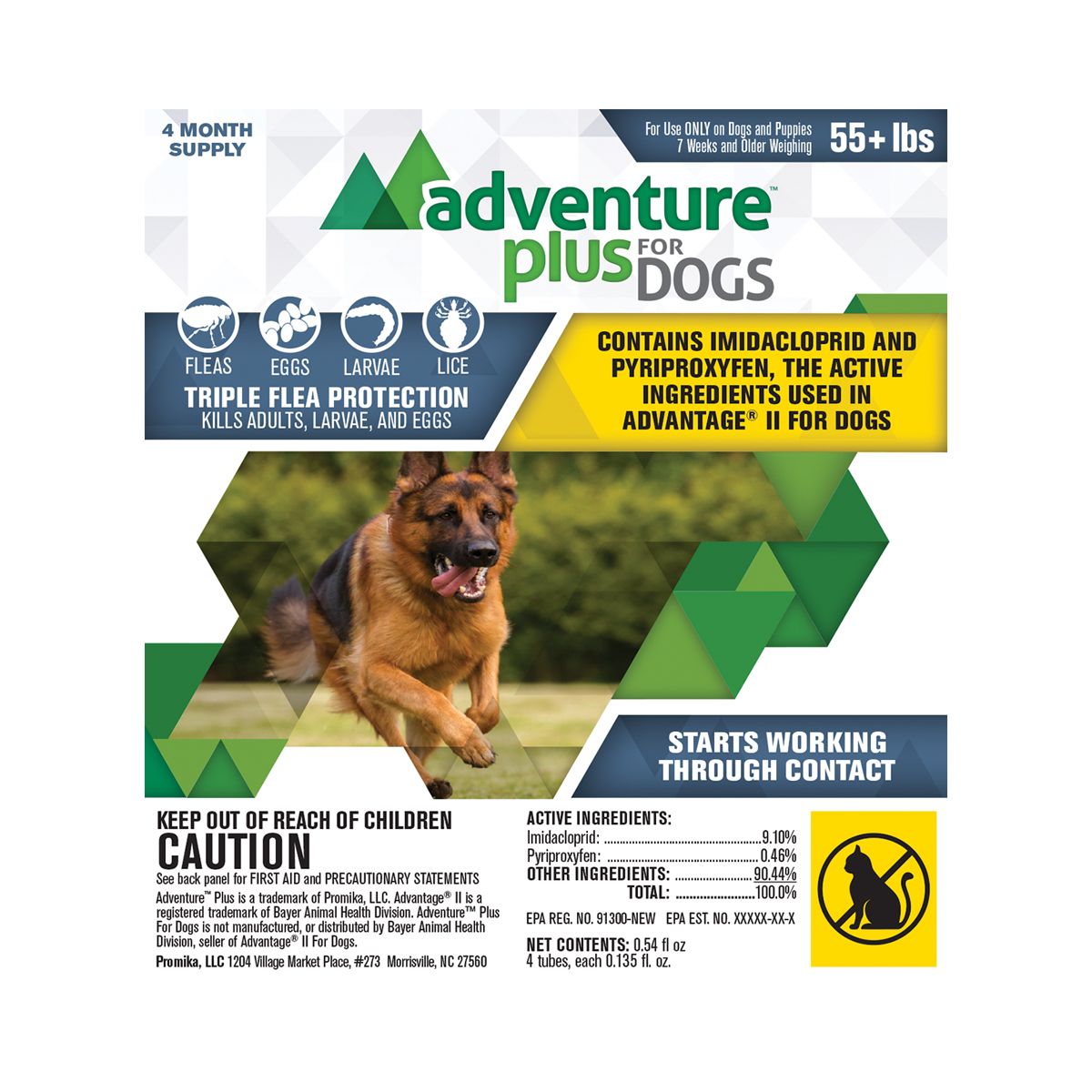 Flea and tick protection box for large dogs featuring German Shepherd running outside.