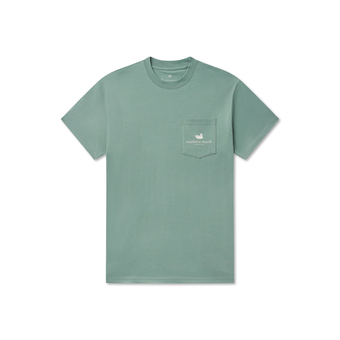 Green t-shirt with a pocket and logo on a white background