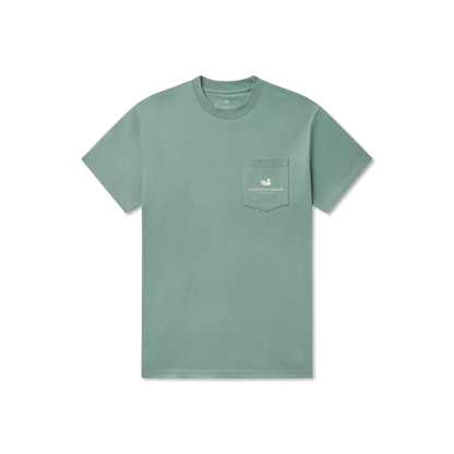 Green t-shirt with a pocket and logo on a white background