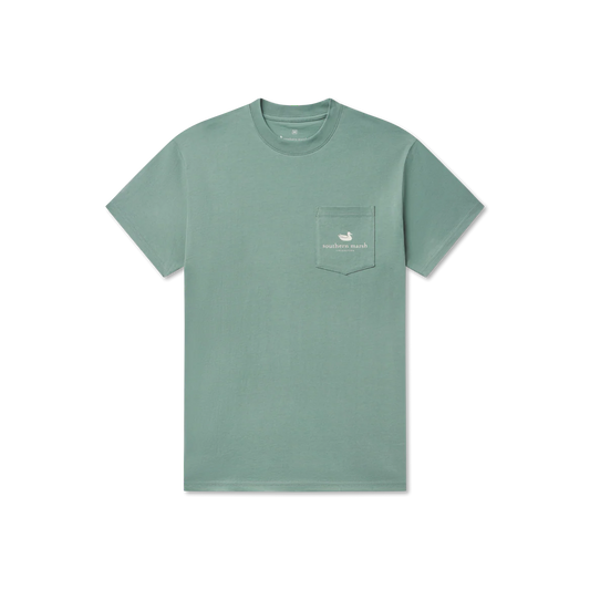 Green t-shirt with a pocket and logo on a white background