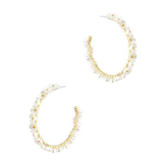 Pearlized Flower 1.75" Hoop Earring
