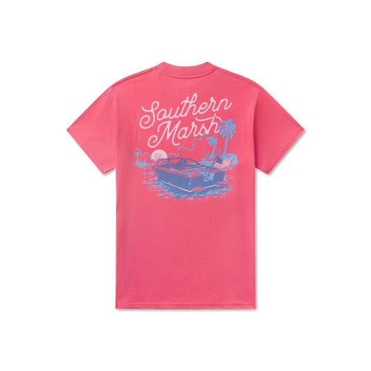 PINK SHIRT WITH BOAT ON WHITE BACKGROUND