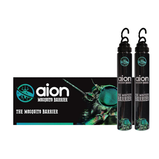 Aion Mosquito Barrier 2-pack tubes for outdoor mosquito control with product label.