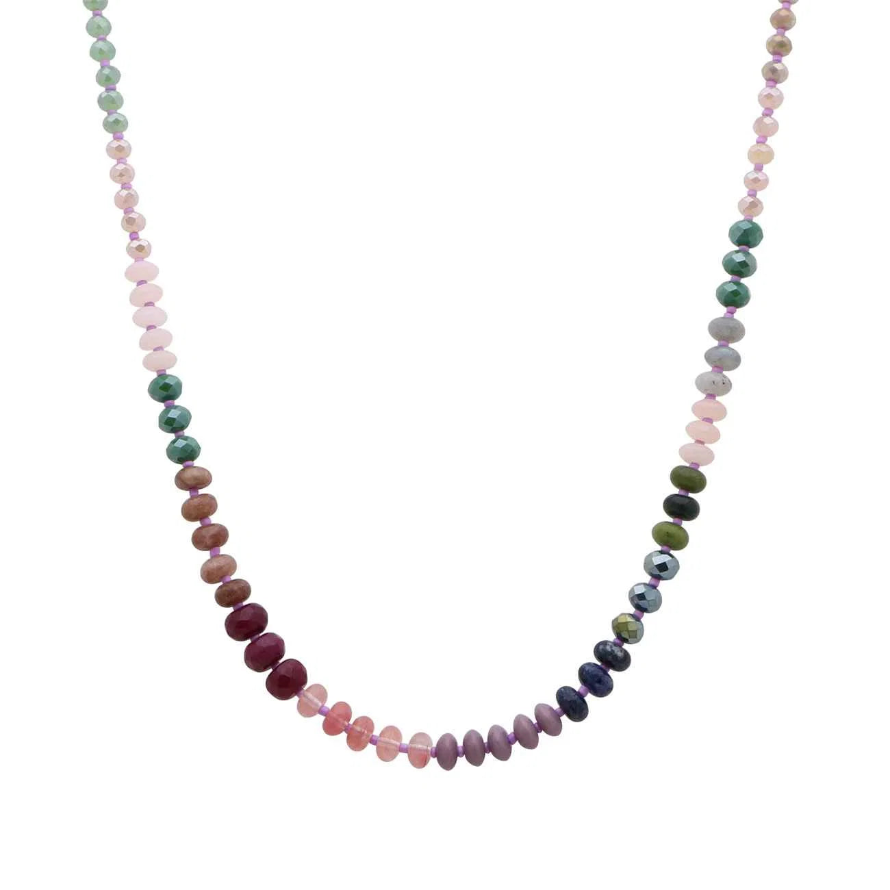 Multicolored beaded necklace on a white background