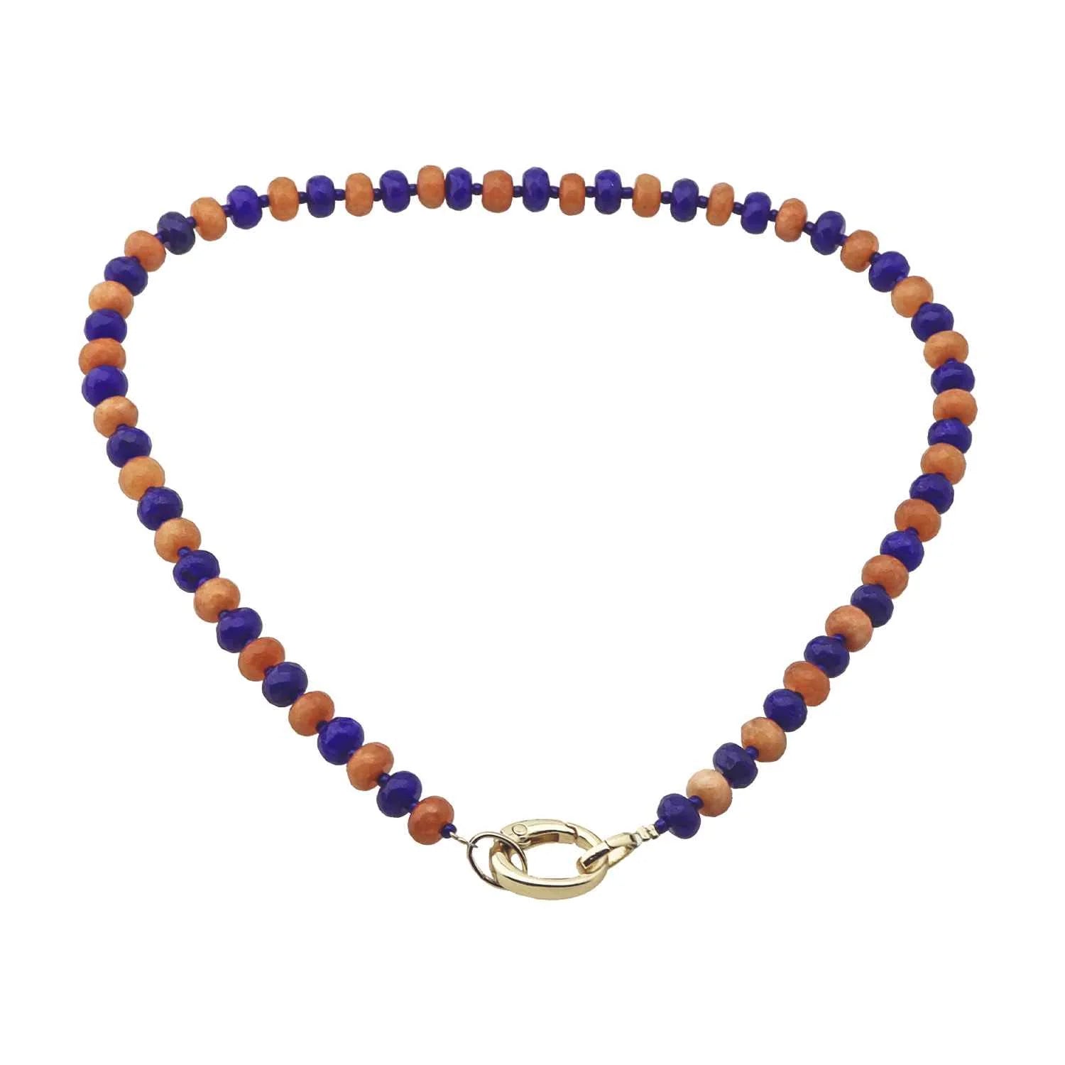 Necklace with blue and brown beads on a white background