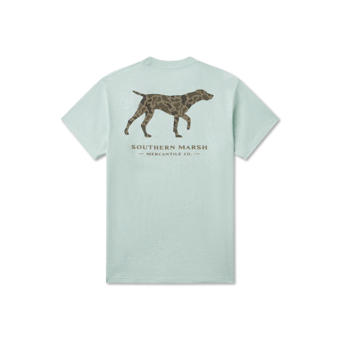 Light blue t-shirt with a dog graphic and 'Southern Marsh' text on a white background