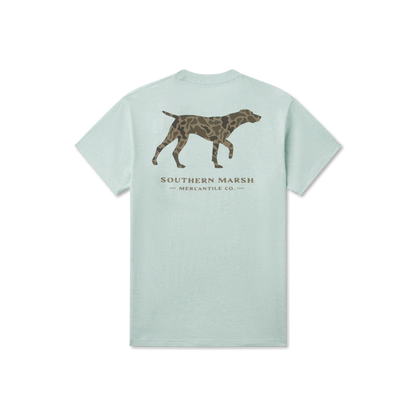 Light blue t-shirt with a dog graphic and 'Southern Marsh' text on a white background
