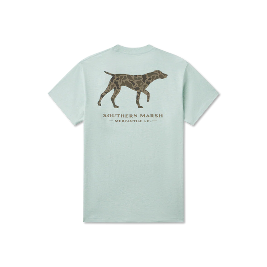 Light blue t-shirt with a dog graphic and 'Southern Marsh' text on a white background