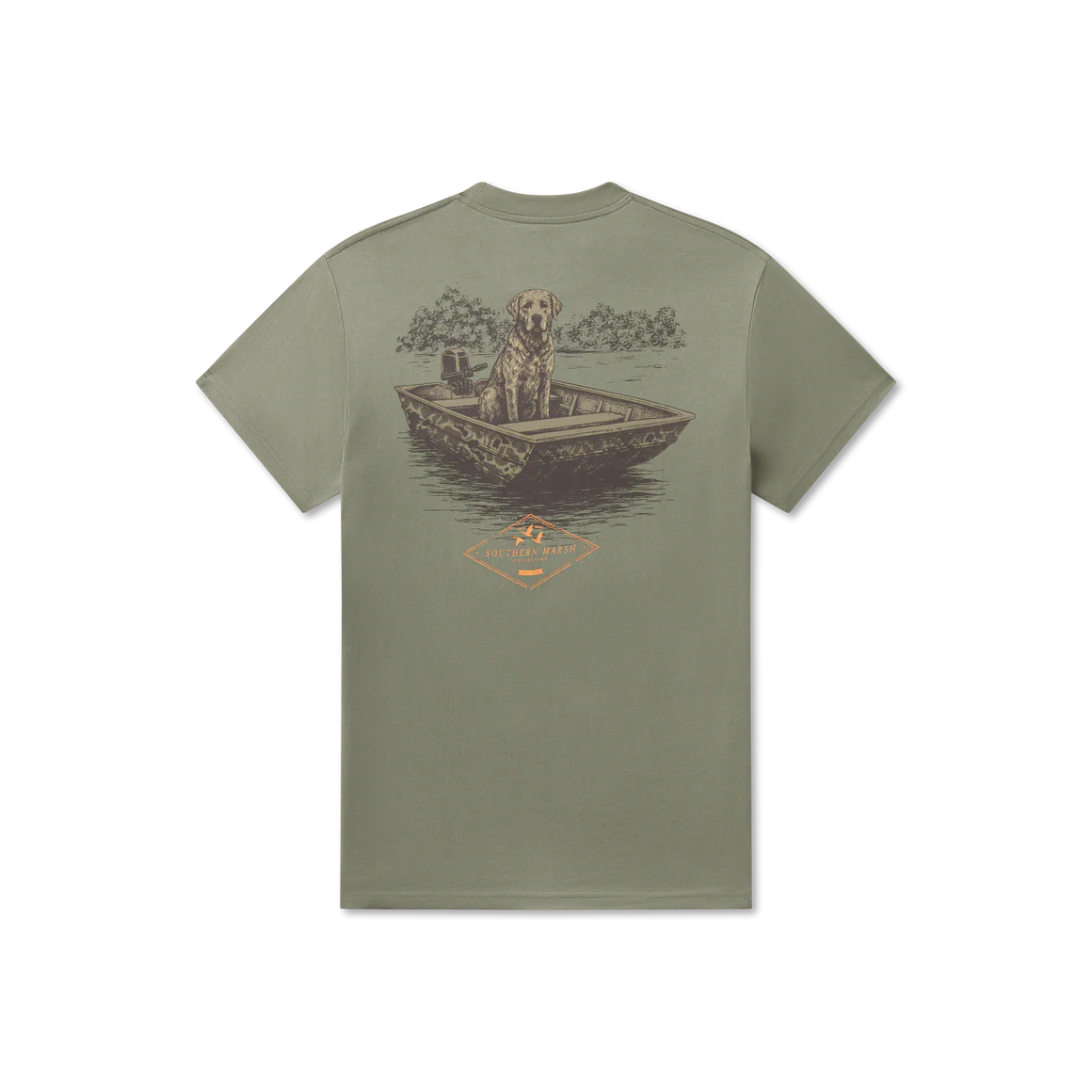 Green t-shirt with a graphic of a dog in a boat on a white background