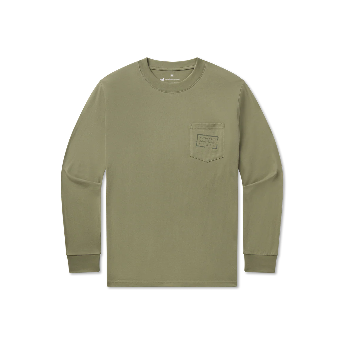 Olive green long sleeve t-shirt with chest pocket and subtle printed graphic, laid flat.