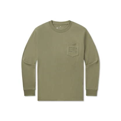 Olive green long sleeve t-shirt with chest pocket and subtle printed graphic, laid flat.