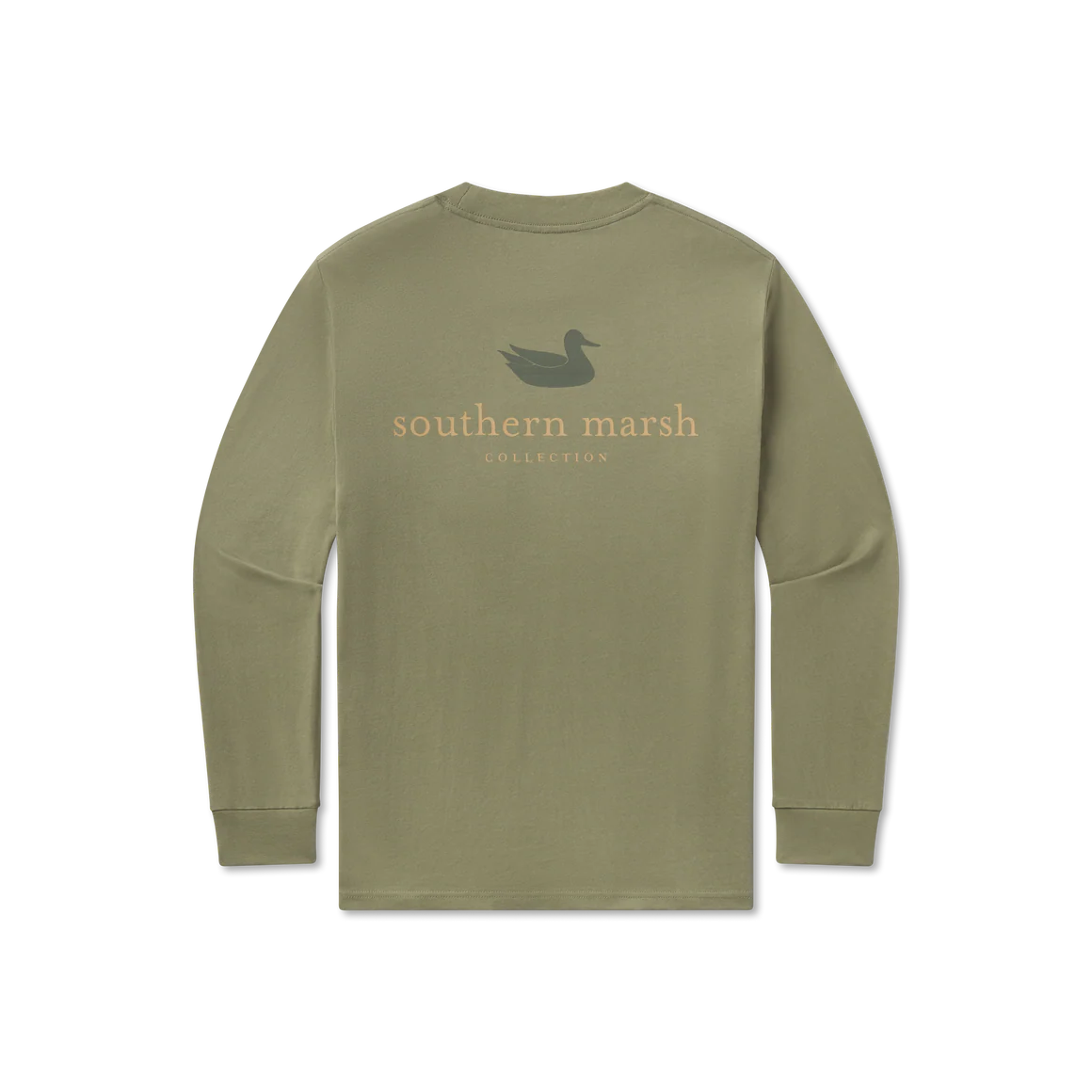 Olive green long sleeve shirt featuring duck logo and 'southern marsh collection' text on back