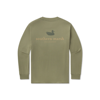 Olive green long sleeve shirt featuring duck logo and 'southern marsh collection' text on back