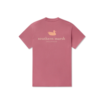 Pink t-shirt with yellow duck logo and 'southern marsh collection' text on back
