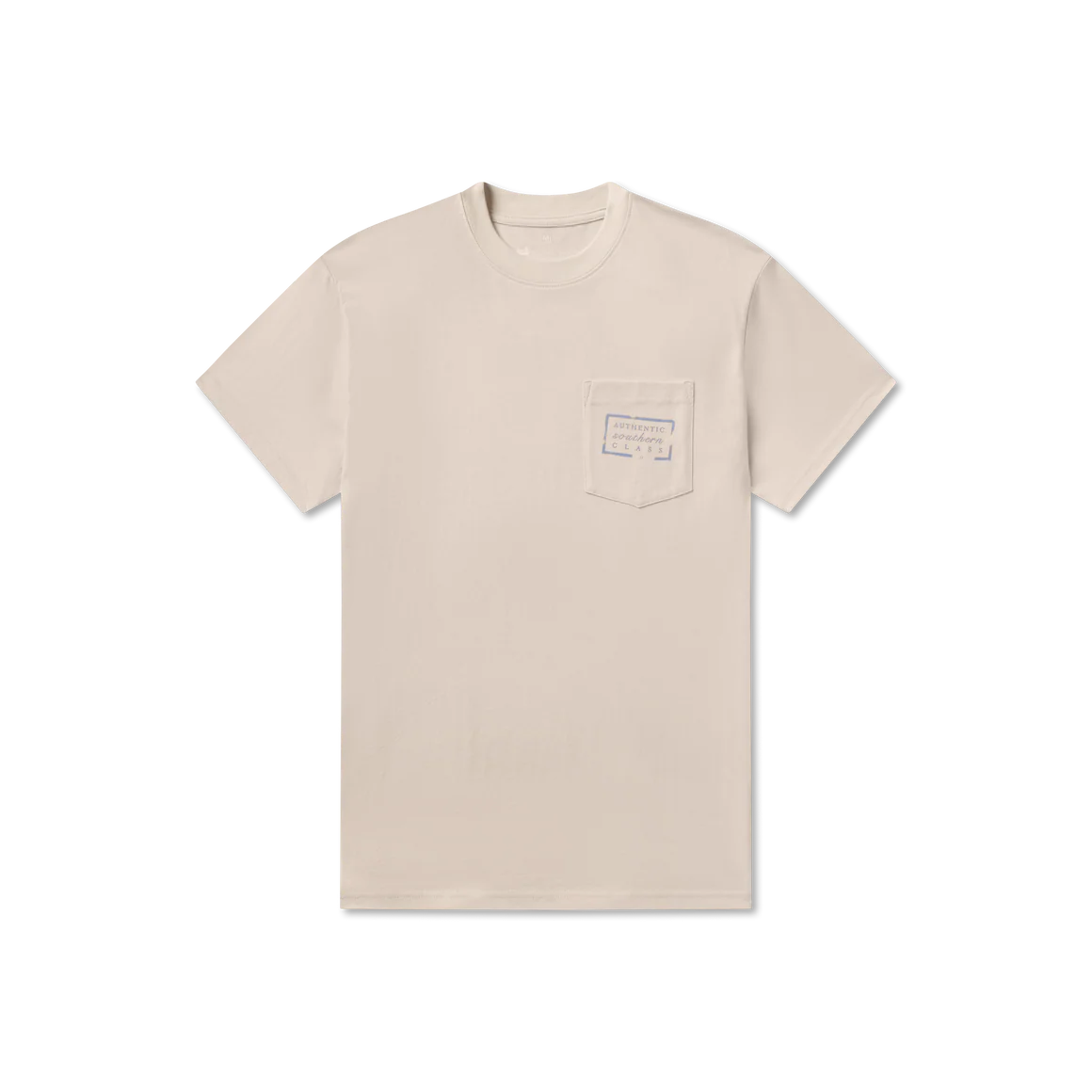 Beige short sleeve t-shirt with chest pocket and blue label detail, isolated on white