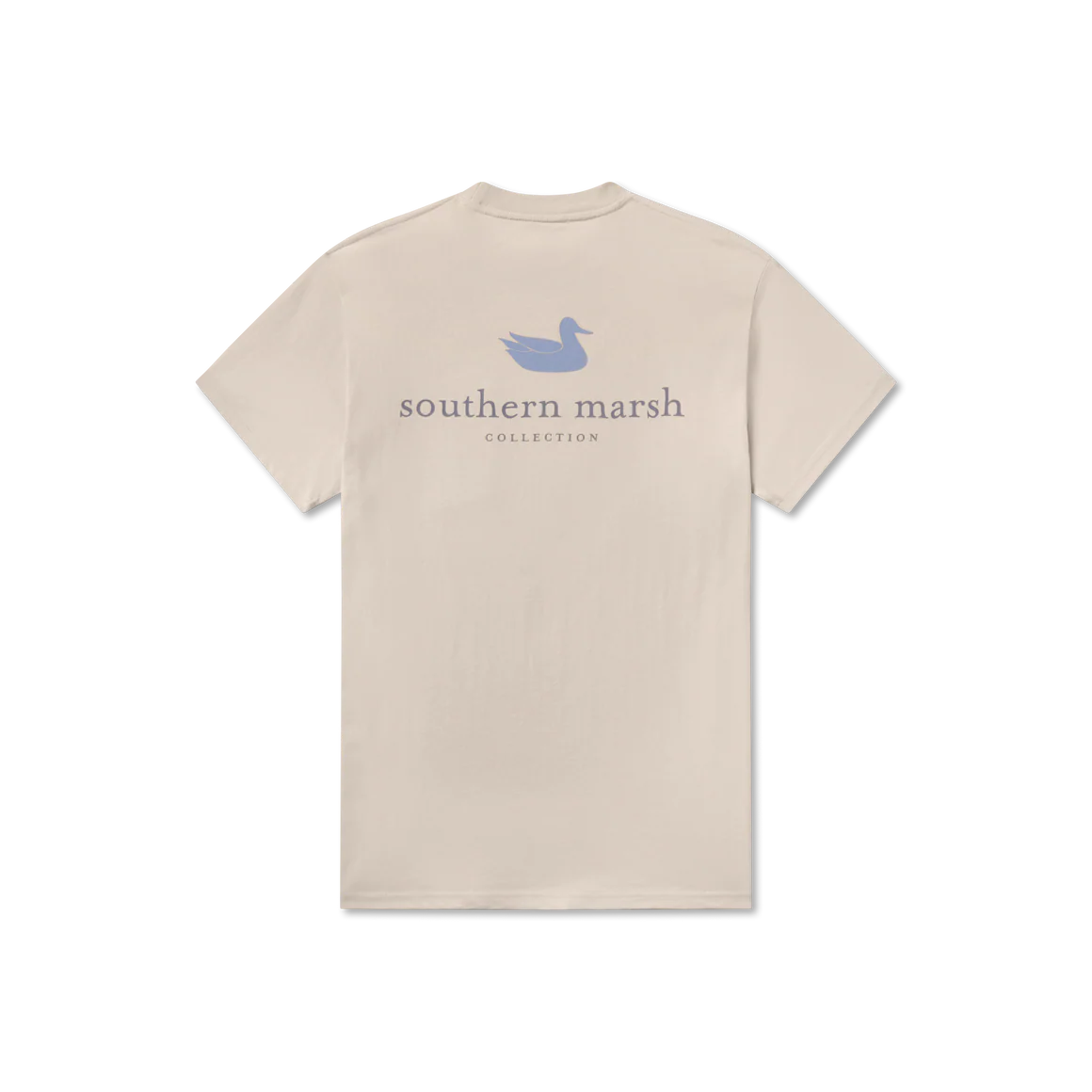 Beige short sleeve t-shirt with blue duck and 'southern marsh collection' text on back