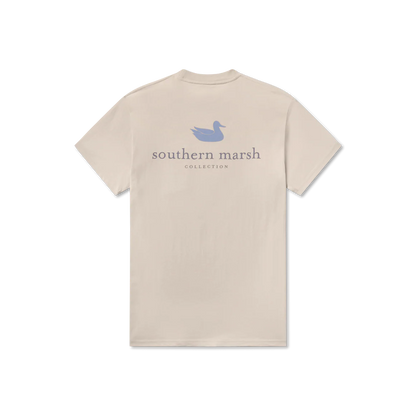 Beige short sleeve t-shirt with blue duck and 'southern marsh collection' text on back