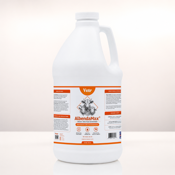 A white plastic gallon jug of Vetr AlbendaMax horse flea treatment with orange and white labeling, set against a clean white background.