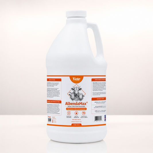 A white plastic gallon jug of Vetr AlbendaMax horse flea treatment with orange and white labeling, set against a clean white background.