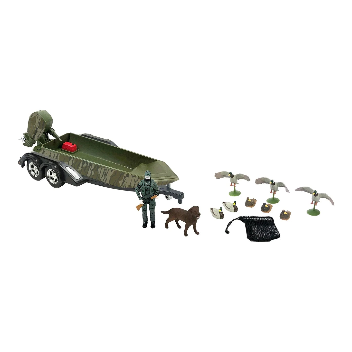 Toy hunting boat playset with camo boat, action figure, dog, ducks, decoys, and accessories