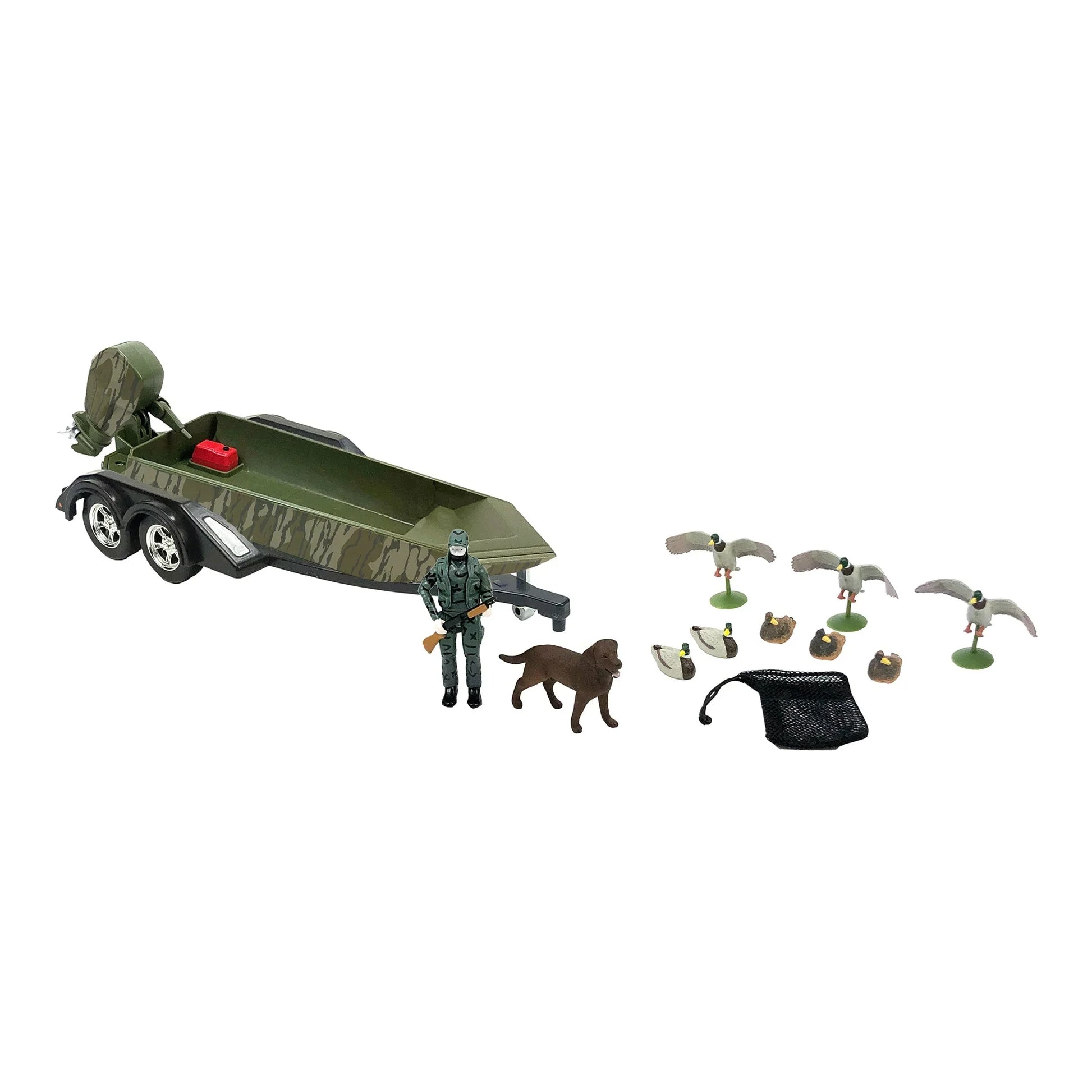 Toy hunting boat playset with camo boat, action figure, dog, ducks, decoys, and accessories