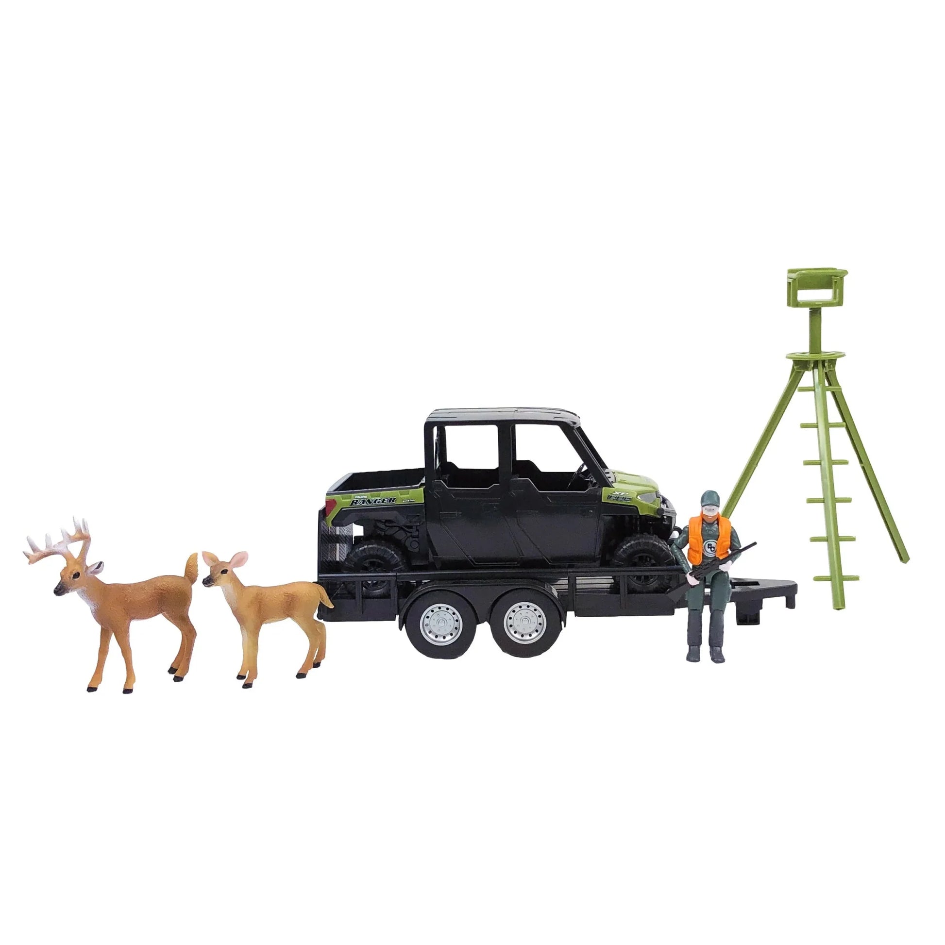 Toy hunting truck playset with trailer, two deer figures, hunter figure, and green tripod stand.