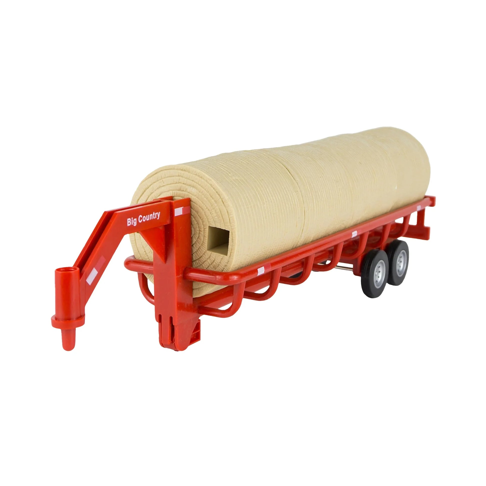 Toy red hay trailer with large round bale, miniature farm equipment for kids