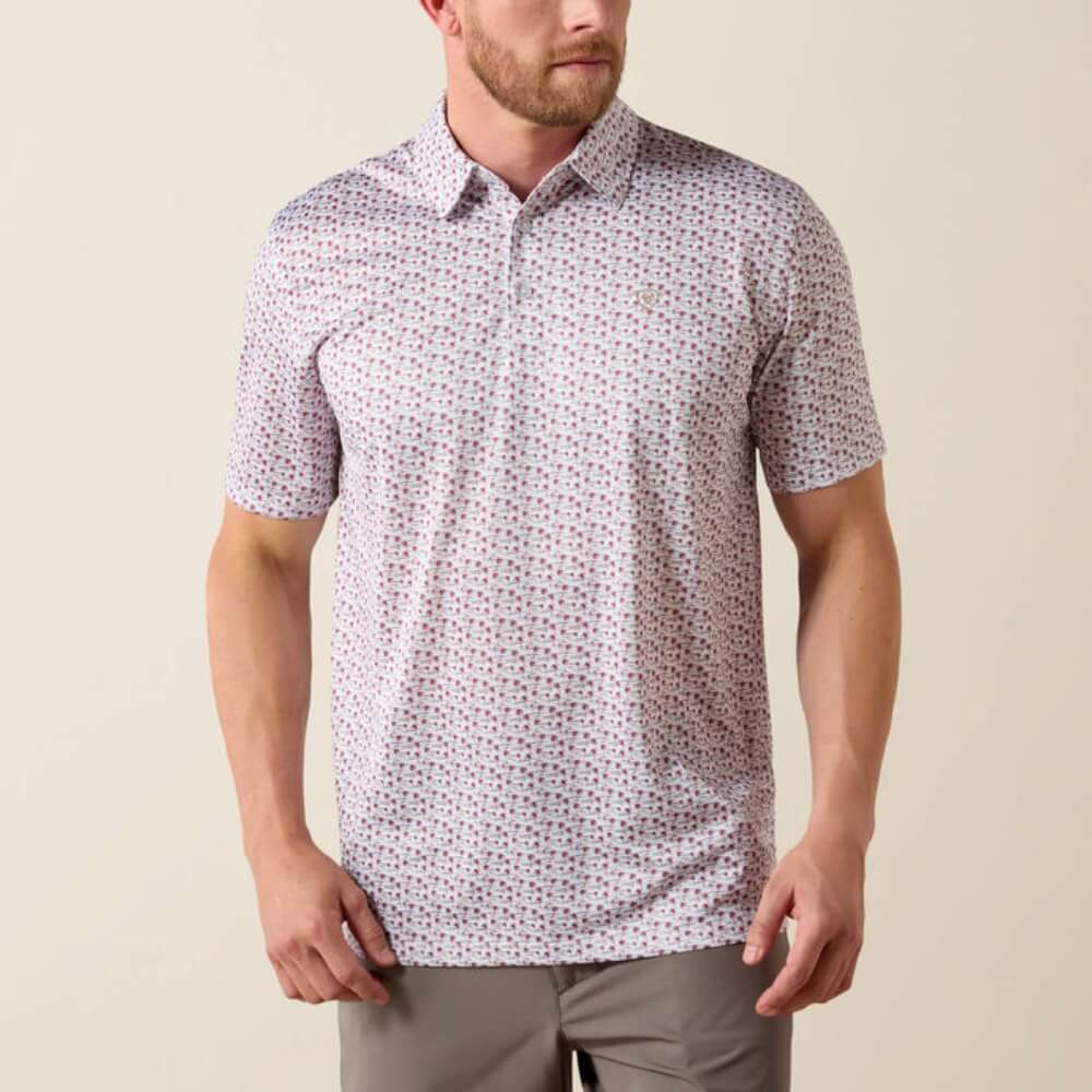 Men's short sleeve white polo shirt with all-over geometric print pattern