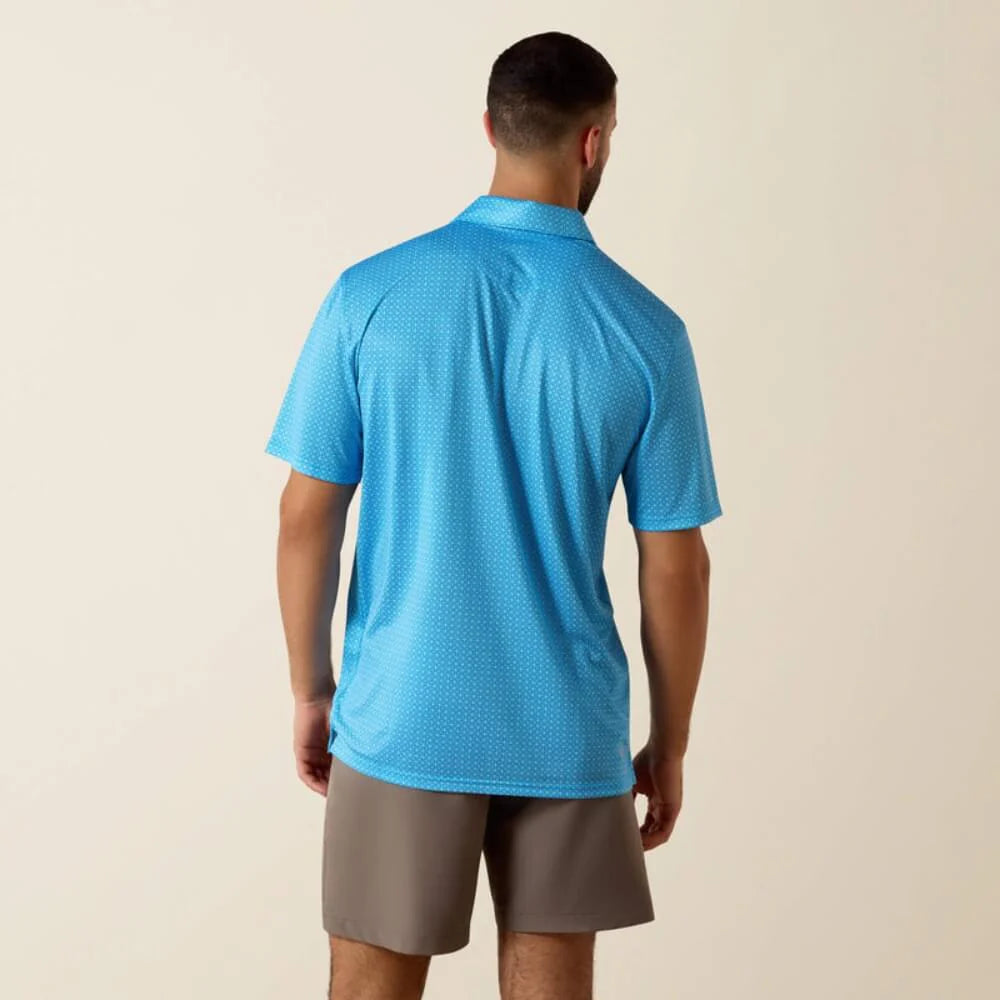 Man wearing a blue athletic shirt and brown shorts on a white background