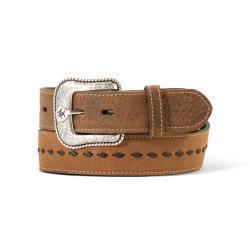 Brown leather belt with silver buckle on a white background