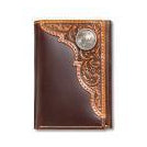 Brown leather wallet with decorative embossing on a white background