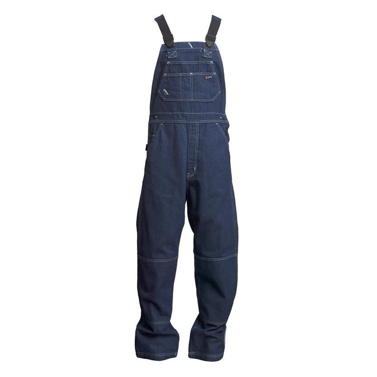 Blue denim bib overalls on a white background