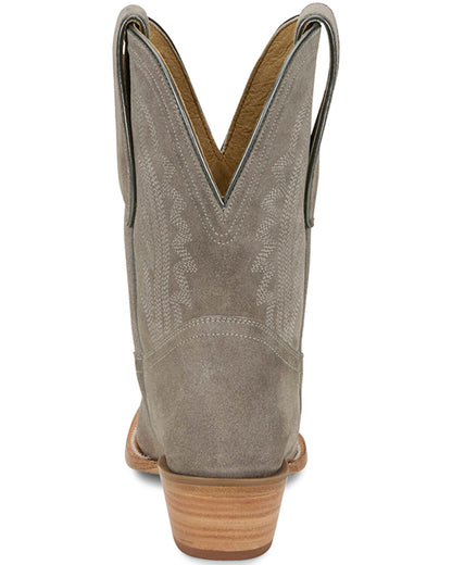 Rear view of grey suede western cowboy boot with stitching and stacked heel