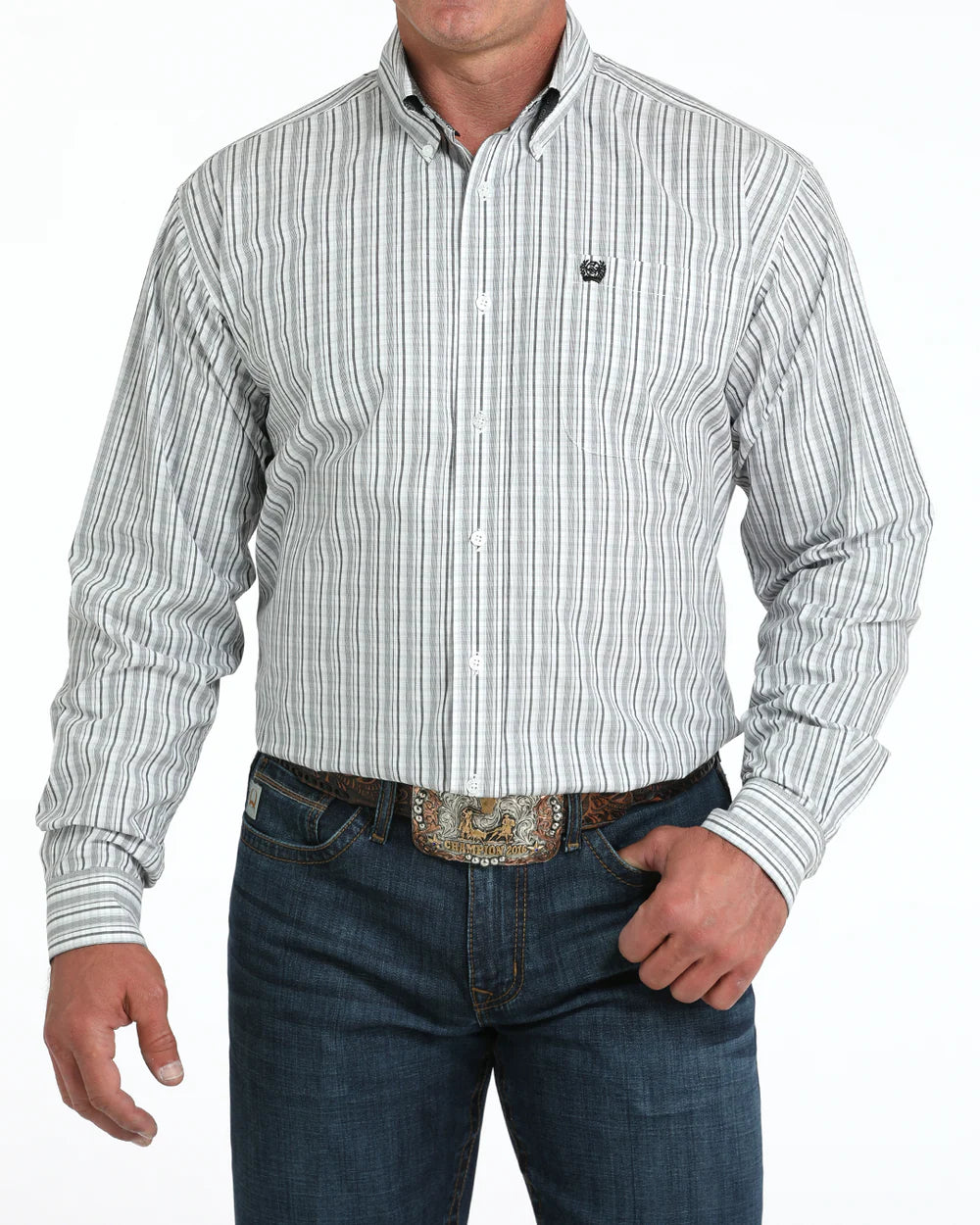 Men's gray striped button-down long sleeve shirt with front pocket, paired with blue jeans and a decorative western belt buckle