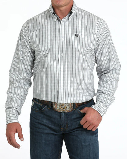 Men's gray striped button-down long sleeve shirt with front pocket, paired with blue jeans and a decorative western belt buckle