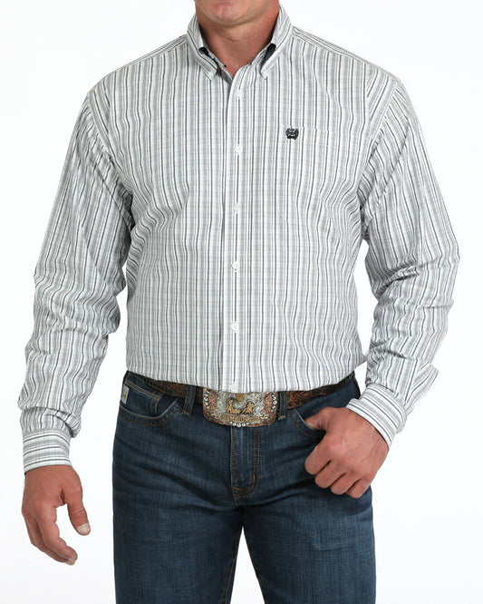 Men's gray striped button-down long sleeve shirt with front pocket, paired with blue jeans and a decorative western belt buckle