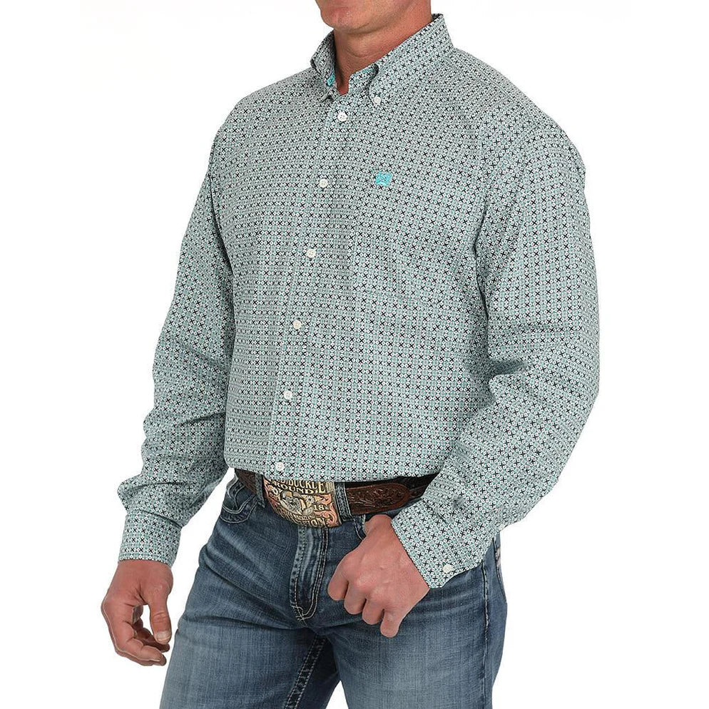 Men's long sleeve printed button-up shirt with jeans and western belt buckle