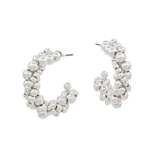 SILVER BEADED TWIST HOOP EARRING