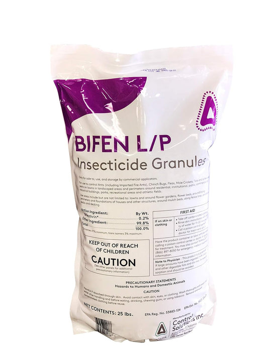 Bag of Bifen L/P insecticide granules 25 lbs for pest control, safety warnings visible