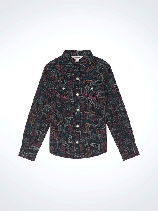Wrangler Girls Boot Print Long Sleeve Snap Western Shirt - 112355822