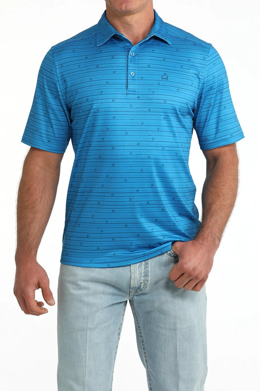 blue patterned rodeo polo shirt 
