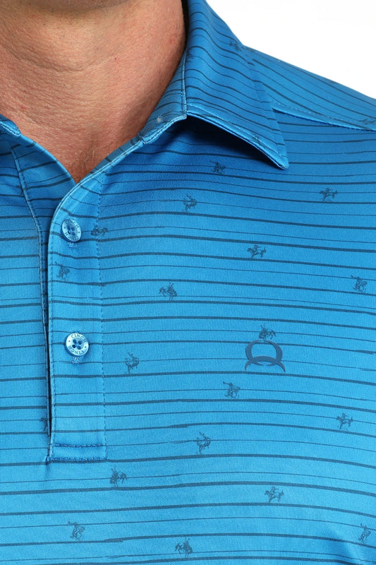 blue patterned rodeo polo shirt 