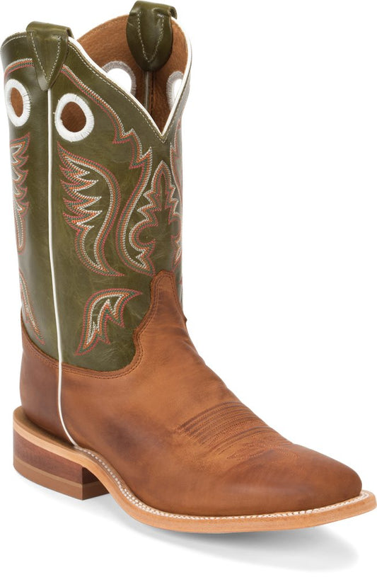 Brown and green leather western cowboy boot with decorative stitching and square toe