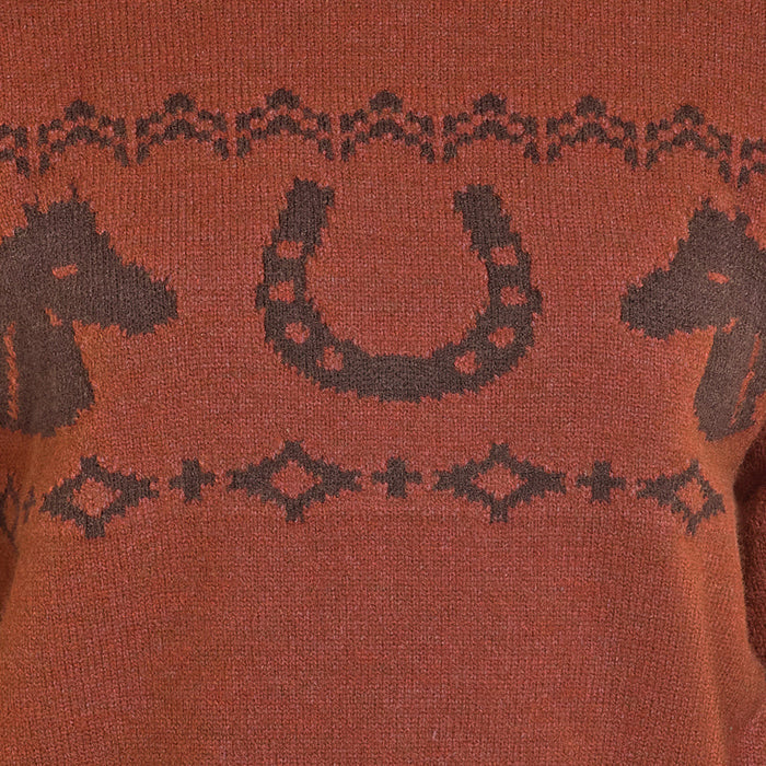 Rock & Roll Denim Women's Rust Horse Aztec Sweater-GIRLS