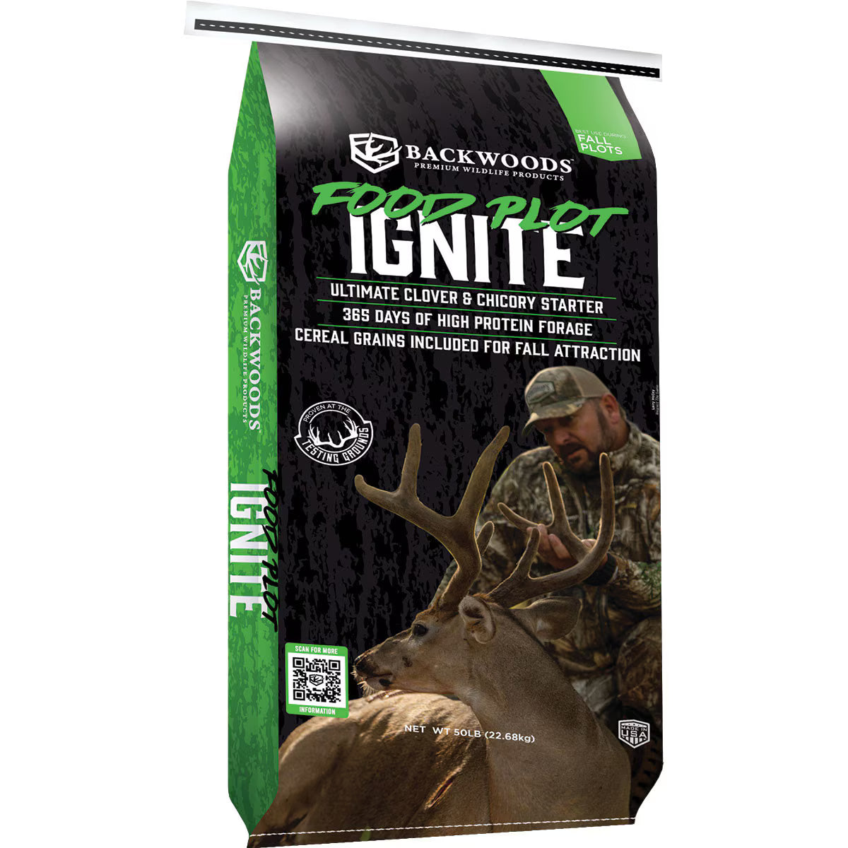 A 30 lb bag of Backwoods Food Plot Ignite clover and chicory starter feed, featuring a black and green design with an image of a deer and a hunter on the front.