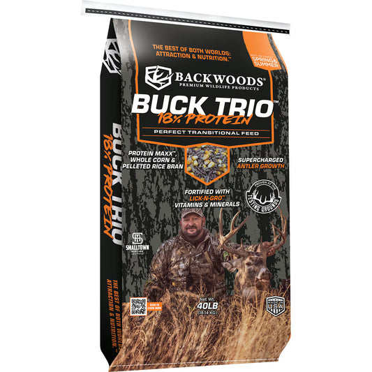 A 40 lb bag of Backwoods Buck Trio 18% Protein Premium Wildlife Product transitional feed, featuring a camouflage background with a hunter and deer, and orange and white text.