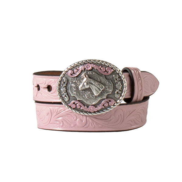 Nocona - Baby Bucker Girl's Floral Embossed Pink Belt w/ Horse Buckle - N4441930