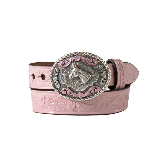 Nocona - Baby Bucker Girl's Floral Embossed Pink Belt w/ Horse Buckle - N4441930